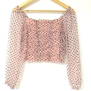 🟡 7. Cotton Linen Blend Soft Pink Polka Dot  Crop Top Sheer Sleeves